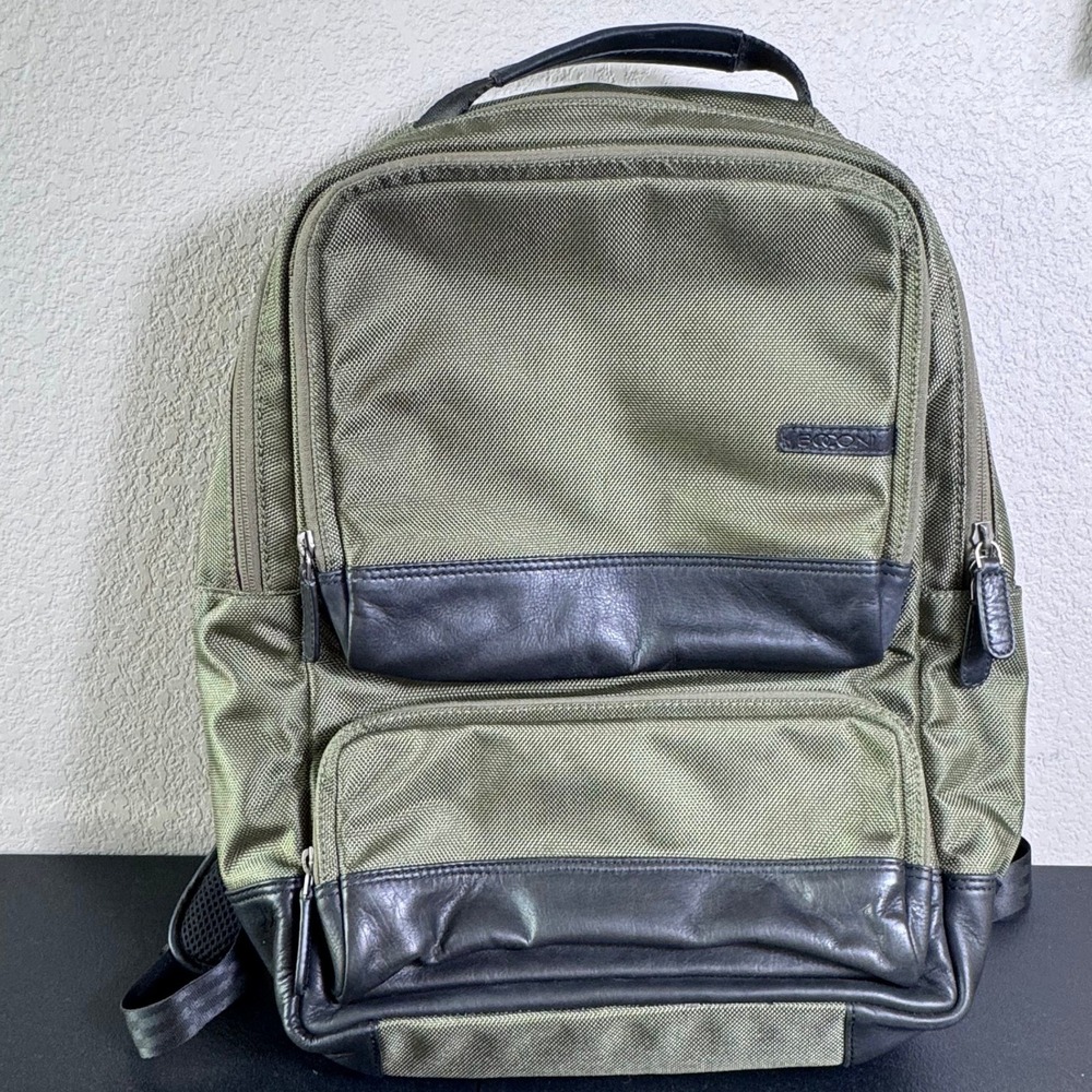 Boconi Olive Green Ballistic Nylon Leather Trim Laptop Backpack Professional Bag